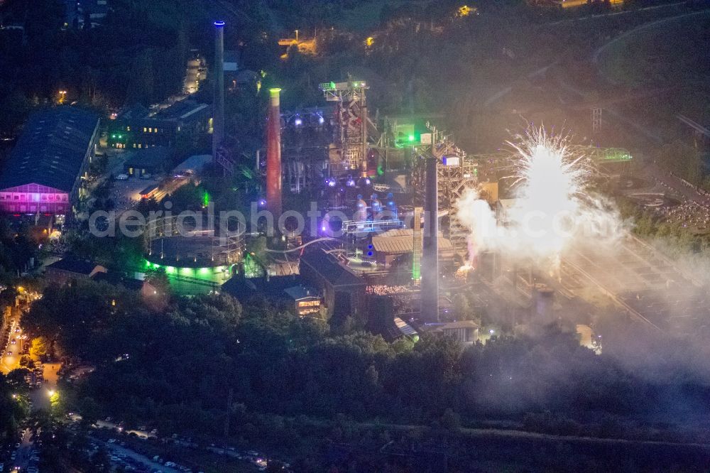 Aerial image at night Duisburg - Fireworks in the landscape park Duisburg-Nord in the Night of Industrial Culture in Action extra layer 2012