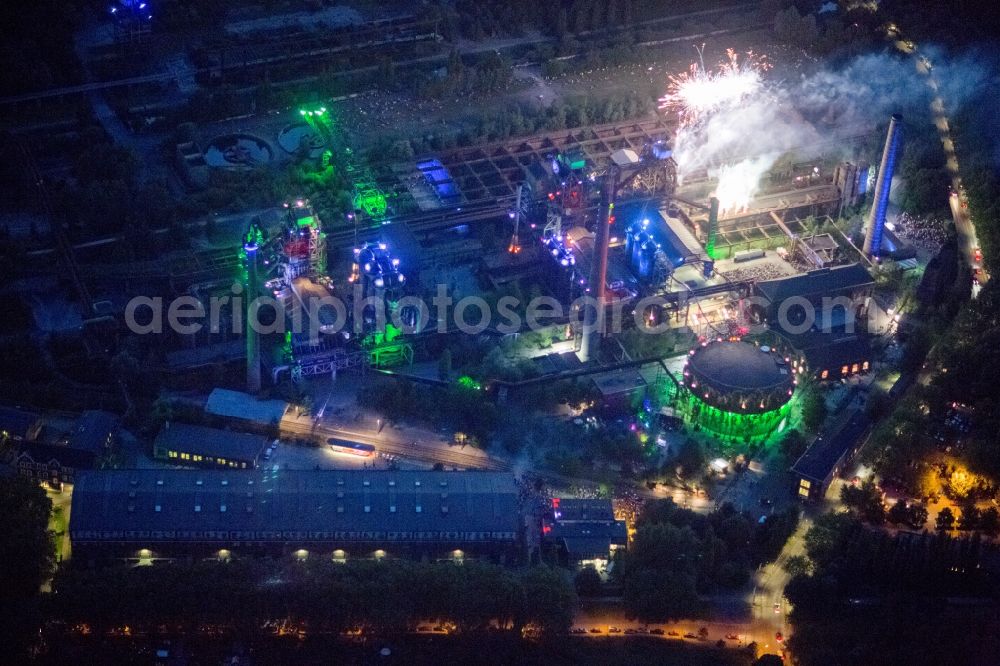 Duisburg at night from above - Fireworks in the landscape park Duisburg-Nord in the Night of Industrial Culture in Action extra layer 2012