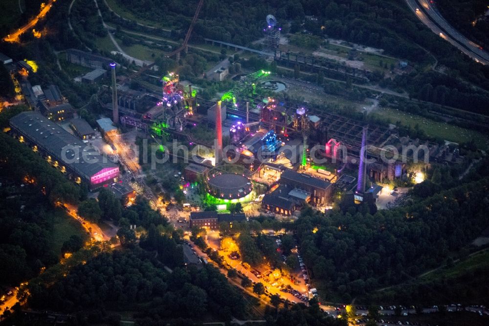 Duisburg at night from the bird perspective: Fireworks in the landscape park Duisburg-Nord in the Night of Industrial Culture in Action extra layer 2012