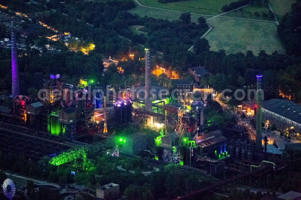 Aerial photograph at night Duisburg - Fireworks in the landscape park Duisburg-Nord in the Night of Industrial Culture in Action extra layer 2012