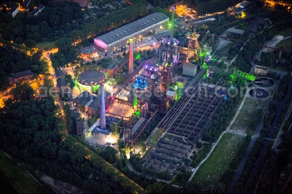 Aerial image at night Duisburg - Fireworks in the landscape park Duisburg-Nord in the Night of Industrial Culture in Action extra layer 2012