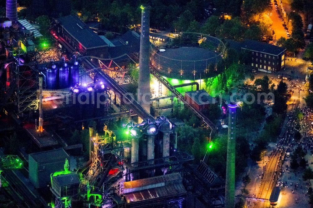 Duisburg at night from above - Fireworks in the landscape park Duisburg-Nord in the Night of Industrial Culture in Action extra layer 2012