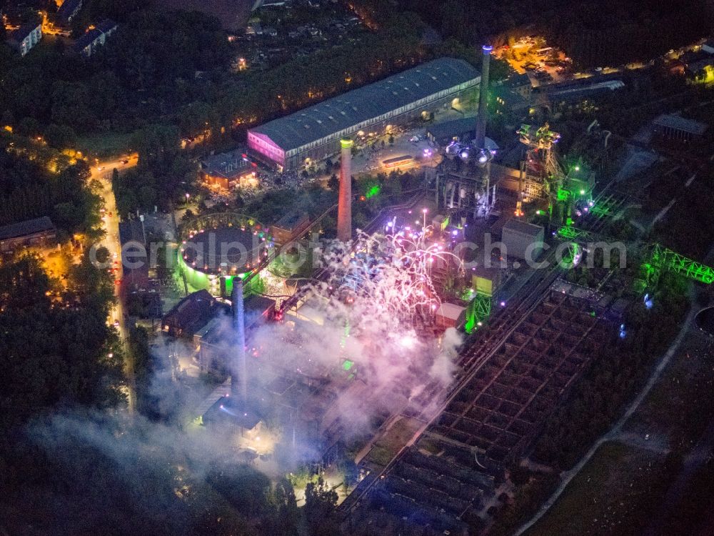 Duisburg at night from the bird perspective: Fireworks in the landscape park Duisburg-Nord in the Night of Industrial Culture in Action extra layer 2012