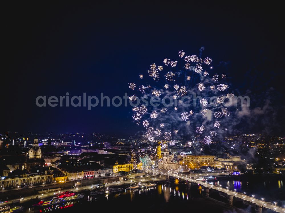 Dresden at night from above - Fireworks figures in the night sky above the event grounds of Elbwiesen on street Koenigsufer in the district Altstadt in Dresden in the state Saxony, Germany