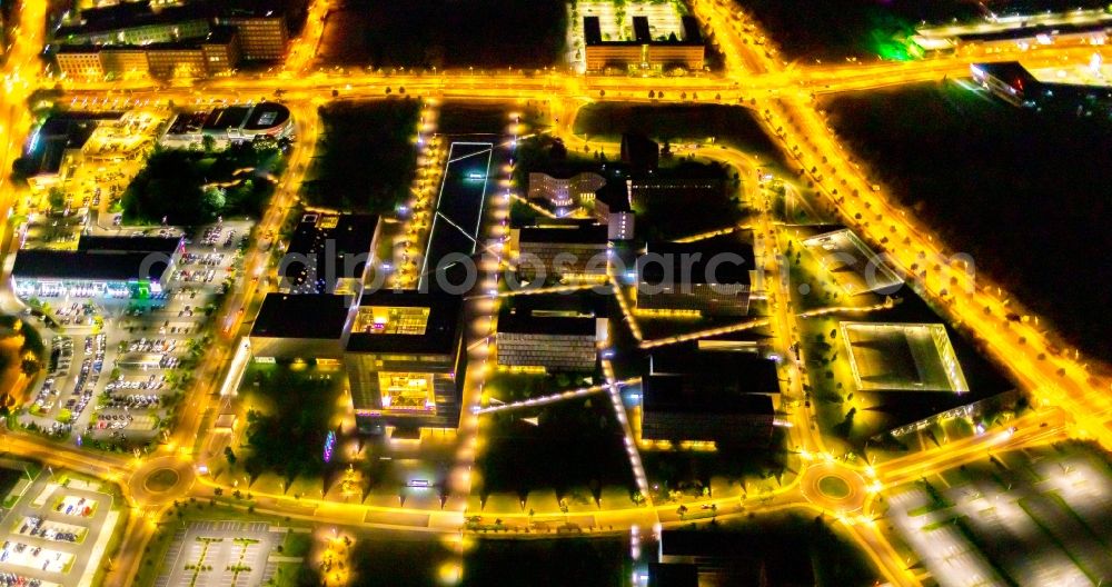 Essen at night from above - Night lighting company premises of and headquarters of thyssenkrupp AG in Essen in the federal state of North Rhine-Westphalia, Germany