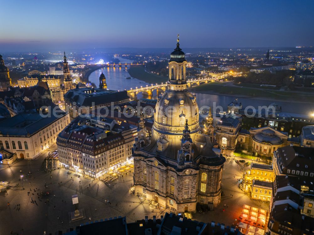 Aerial image at night Dresden - Night lights and illumination Frauenkirche Dresden at the Neumarkt in the Altstadt district of Dresden in the federal state of Saxony, Germany