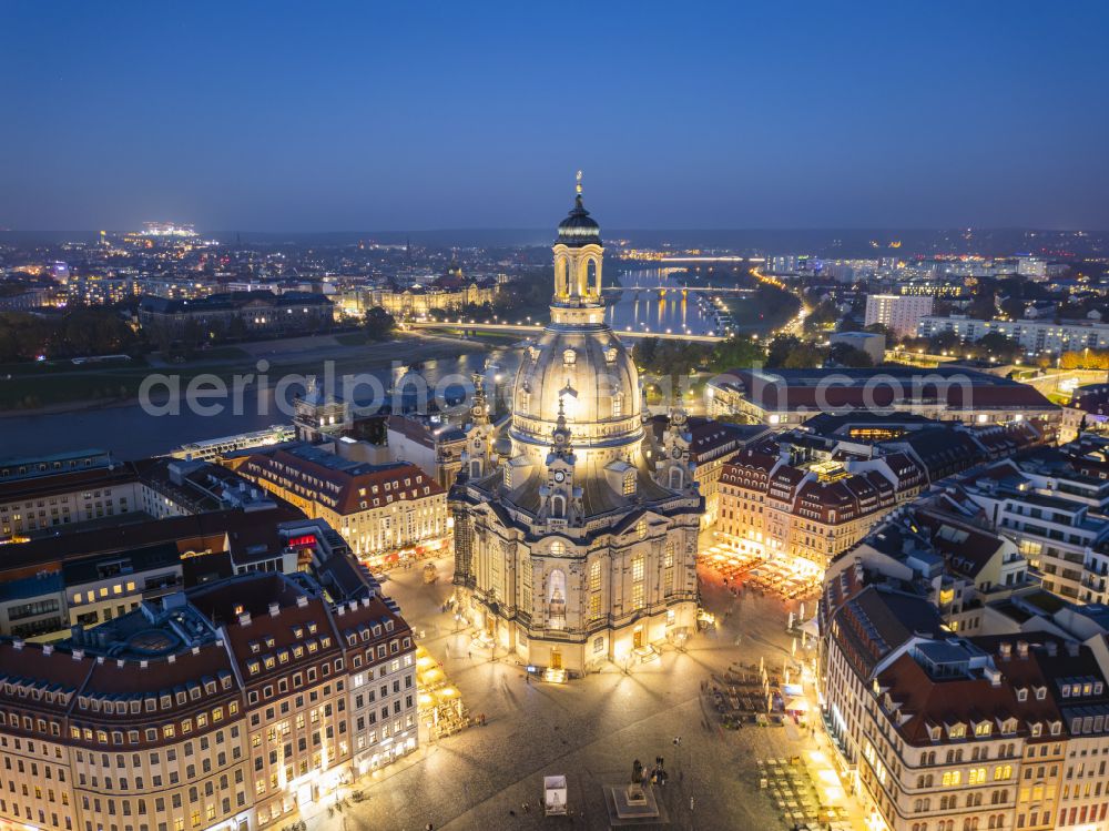 Dresden at night from above - Night lights and illumination Frauenkirche Dresden at the Neumarkt in the Altstadt district of Dresden in the federal state of Saxony, Germany