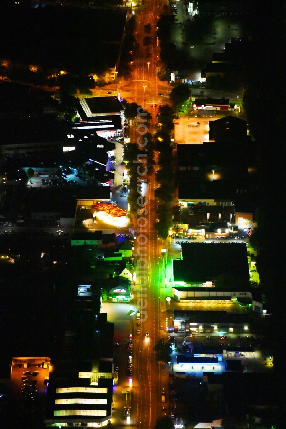 Osnabrück at night from above - Night lighting Leisure Centre - Amusement Park Flippothek on Pagenstrecherstrasse in Osnabrueck in the state Lower Saxony, Germany