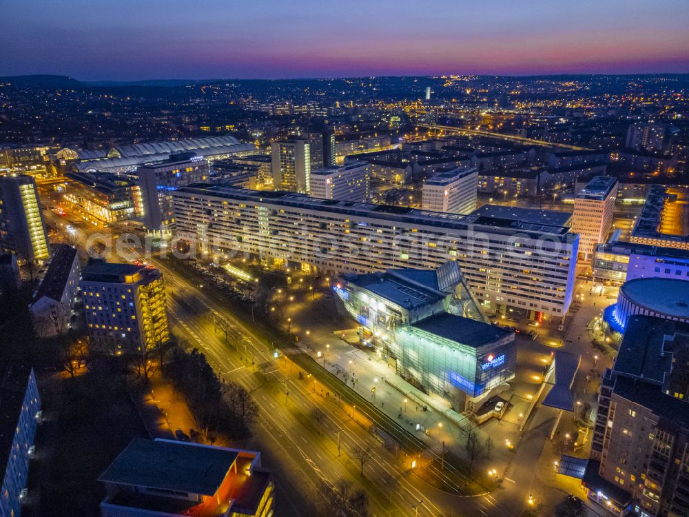 Aerial photograph at night Dresden - Night lighting building of the cinema - Lichtspieltheater UFA Kristallpalast Dresden on St. Petersburger Strasse in Dresden in the state Saxony, Germany