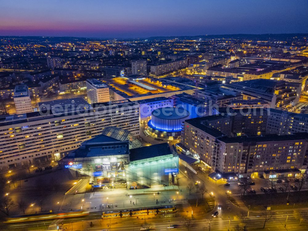 Dresden at night from above - Night lighting building of the cinema - Lichtspieltheater UFA Kristallpalast Dresden on St. Petersburger Strasse in Dresden in the state Saxony, Germany