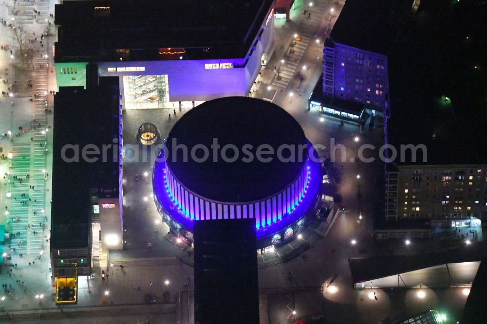 Dresden at night from above - Night lighting Night lights and lighting building of the cinema - Rundkino Dresden on Prager Strasse - Ferdinandplatz in the district Altstadt in Dresden in the federal state Saxony, Germany