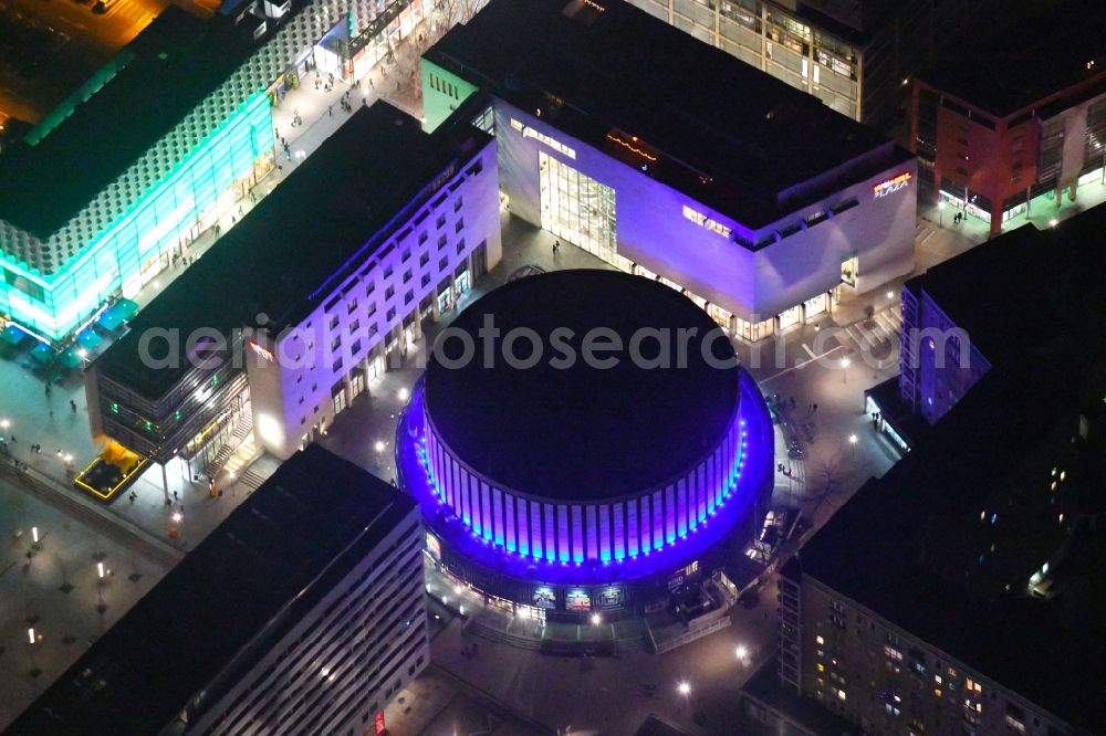 Aerial image at night Dresden - Night lighting Night lights and lighting building of the cinema - Rundkino Dresden on Prager Strasse - Ferdinandplatz in the district Altstadt in Dresden in the federal state Saxony, Germany