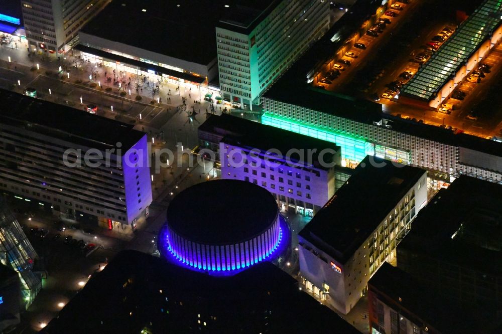 Dresden at night from above - Night lights and lighting Building of the round cinema - Rundkino Dresden. The rotunda is located on the Prager Strasse in the district Altstadt in Dresden in the federal state of Saxony, Germany