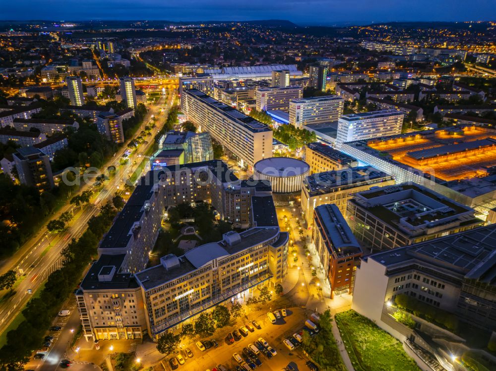 Dresden at night from above - Night lights and lighting building of the cinema - Rundkino Dresden on Prager Strasse - Ferdinandplatz in the district Altstadt in Dresden in the federal state Saxony, Germany