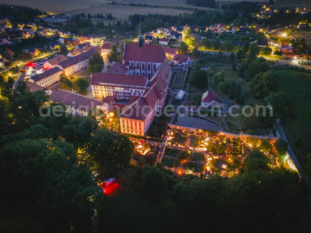 Aerial image at night Panschwitz-Kuckau - Night aerial photograph of the garden night In the light of 1,000 lights in the monastery garden of St. Mary in Panschwitz-Kuckau in the state of Saxony, Germany