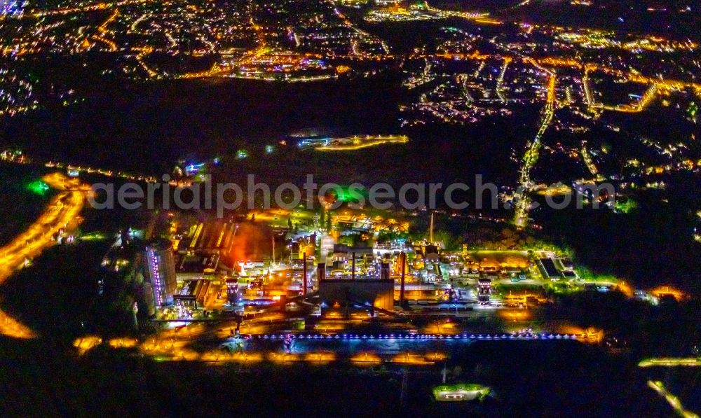 Bottrop at night from above - Night lighting gasometer high storage tank at Kokerei Prosper in Bottrop at Ruhrgebiet in the state North Rhine-Westphalia