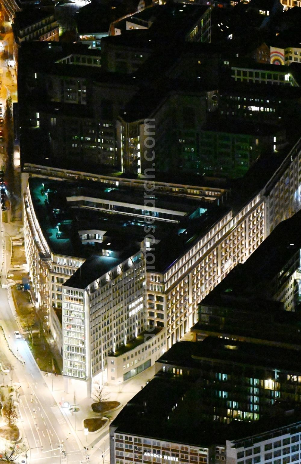 Hamburg at night from above - Night lighting office and corporate management high-rise building of Axel Springer SE on Axel-Springer-Platz in the district Neustadt in Hamburg, Germany