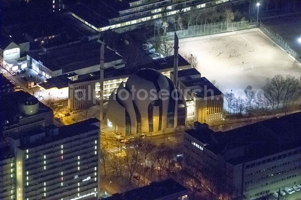 Köln at night from the bird perspective: Night view building the DITIB central mosque in Cologne, North Rhine-Westphalia
