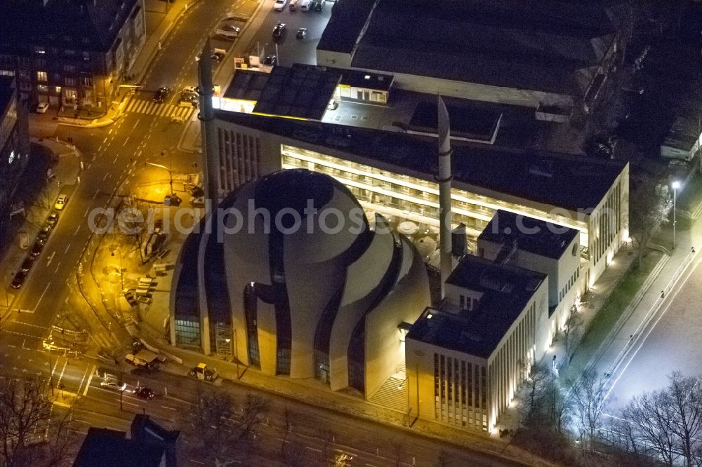 Aerial image at night Köln - Night view building the DITIB central mosque in Cologne, North Rhine-Westphalia