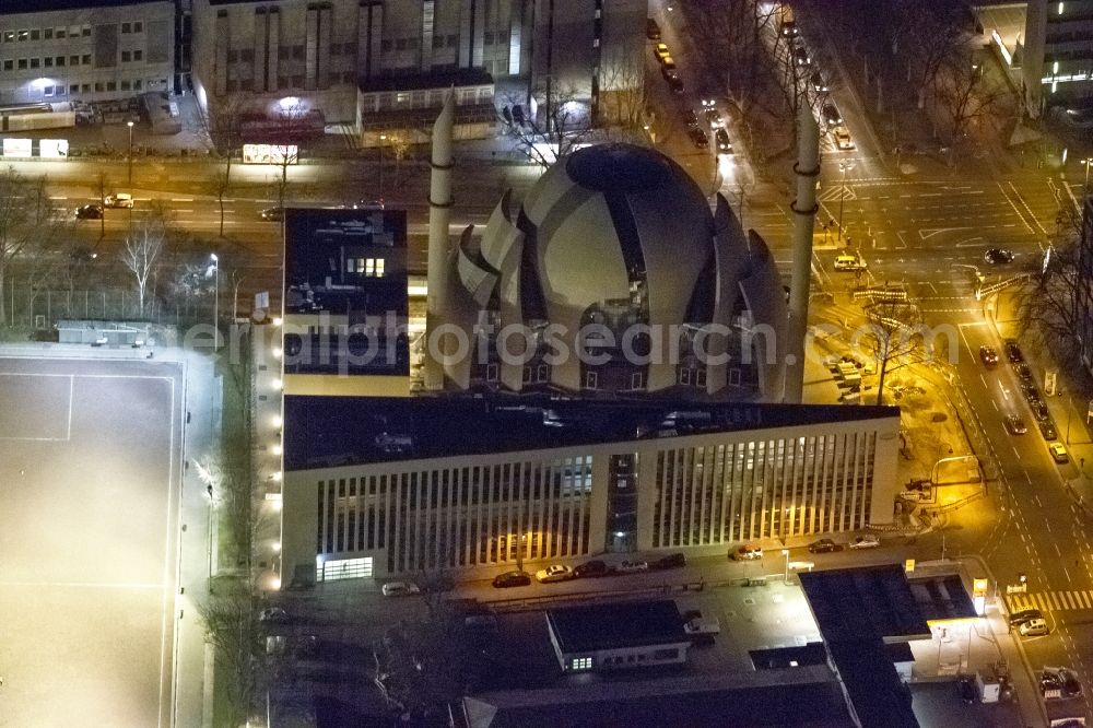 Köln at night from above - Night view building the DITIB central mosque in Cologne, North Rhine-Westphalia