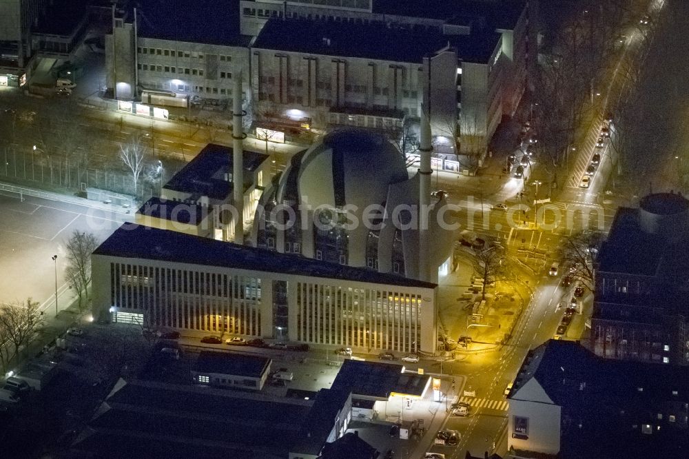 Köln at night from the bird perspective: Night view building the DITIB central mosque in Cologne, North Rhine-Westphalia