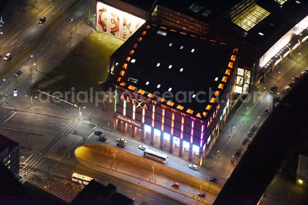 Aerial photograph at night Berlin - Night view building of the shopping center Alexa on Grunerstrasse in Berlin, Germany