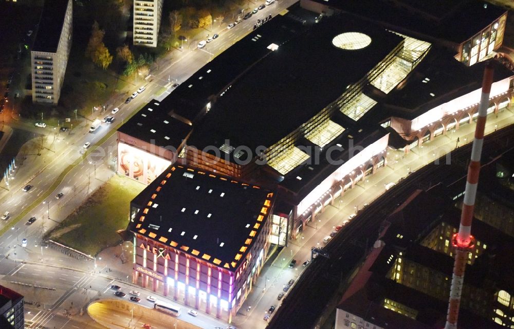 Aerial image at night Berlin - Night view building of the shopping center Alexa on Grunerstrasse in Berlin, Germany