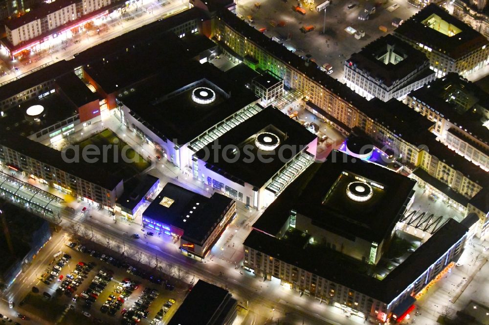 Aerial photograph at night Dresden - Night lighting Building of the shopping center Altmarkt Galerie der ECE Projektmanagement GmbH in Dresden in the state Saxony