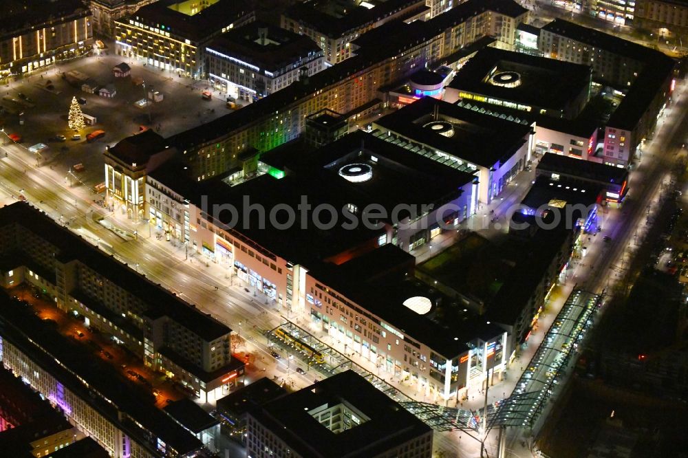 Dresden at night from above - Night lighting Building of the shopping center Altmarkt Galerie der ECE Projektmanagement GmbH in Dresden in the state Saxony