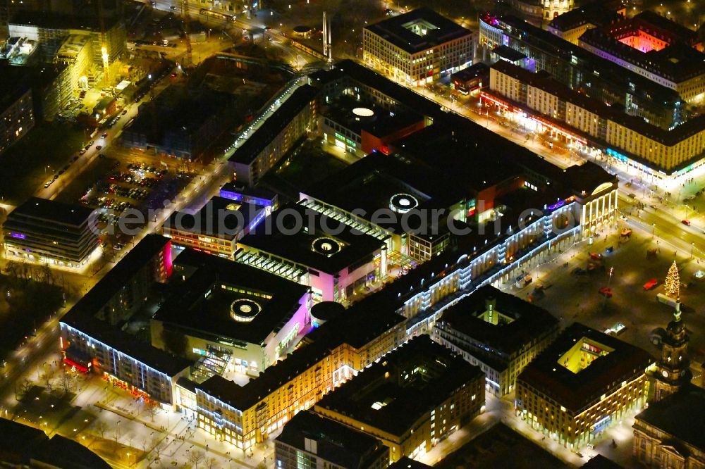 Aerial photograph at night Dresden - Night lighting Building of the shopping center Altmarkt Galerie der ECE Projektmanagement GmbH in Dresden in the state Saxony