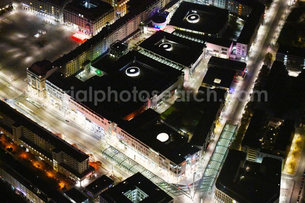 Dresden at night from above - Night lighting Building of the shopping center Altmarkt Galerie der ECE Projektmanagement GmbH in Dresden in the state Saxony