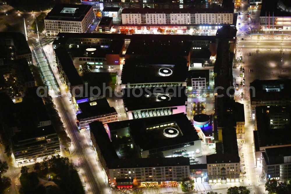 Aerial image at night Dresden - Night lighting Building of the shopping center Altmarkt Galerie der ECE Projektmanagement GmbH in Dresden in the state Saxony