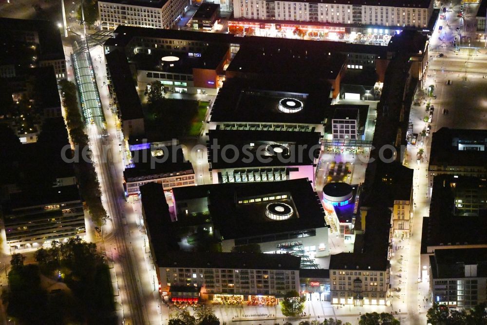 Dresden at night from above - Night lighting Building of the shopping center Altmarkt Galerie der ECE Projektmanagement GmbH in Dresden in the state Saxony