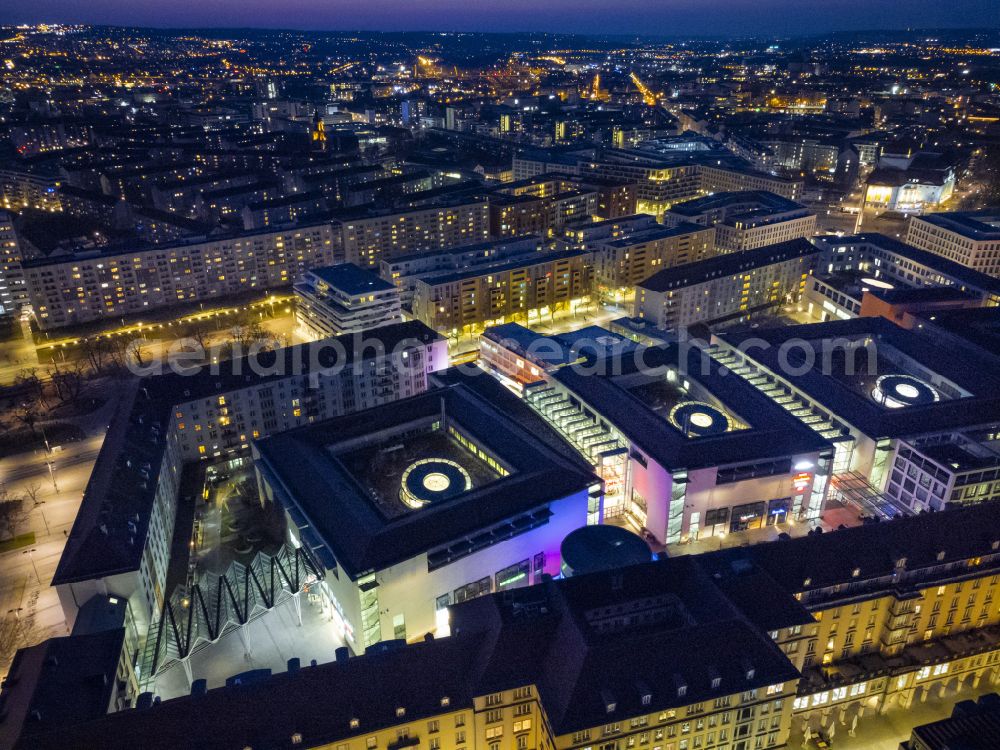 Dresden at night from above - Night lighting building of the shopping center Altmarkt Galerie der ECE Projektmanagement GmbH in Dresden in the state Saxony