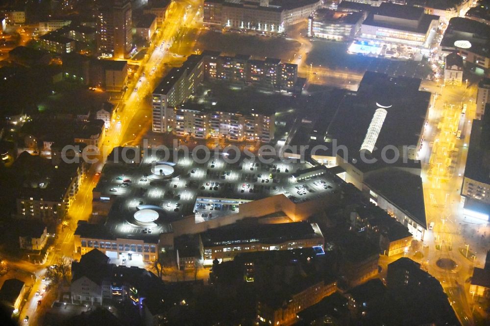 Gera at night from above - Night lighting Building of the shopping center Gera Arcaden on Heinrichstrasse in Gera in the state Thuringia, Germany