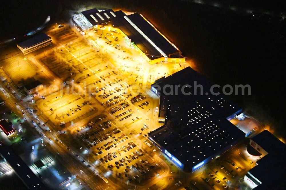 Aerial photograph at night Braunschweig - Night lighting Building of the store - furniture market IKEA Deutschland GmbH & Co. KG in Braunschweig in the state Lower Saxony