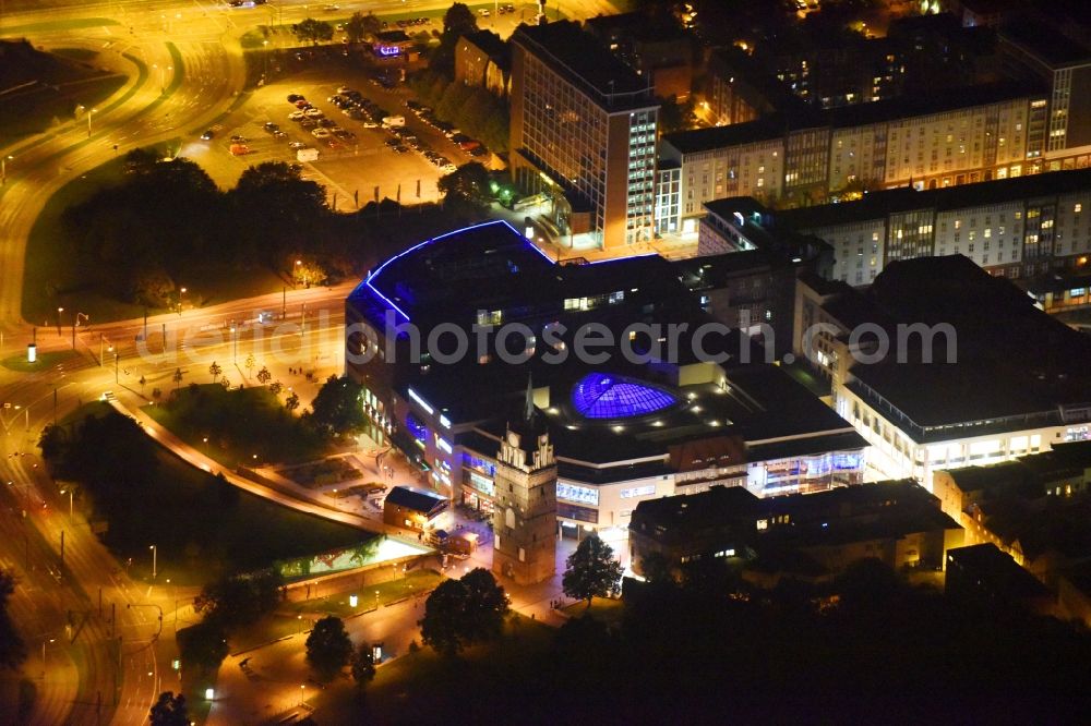 Rostock at night from above - Night lighting Building of the shopping center Kroepeliner Tor Center in Rostock in the state Mecklenburg - Western Pomerania, Germany