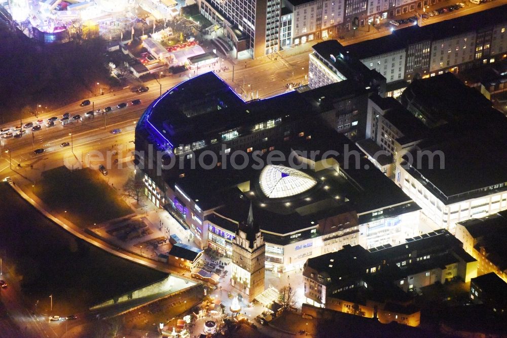 Rostock at night from above - Night view building of the shopping center Kroepeliner Tor Center Rostock in the district Mitte in Rostock in the state Mecklenburg - Western Pomerania