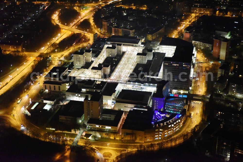 Aerial image at night Frankfurt am Main - Night view Building the shopping center Nordwest Zentrum in Frankfurt in the state Hesse