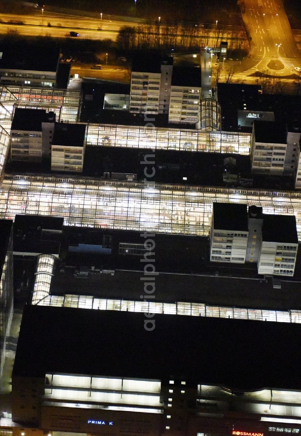 Frankfurt am Main at night from above - Night view Building the shopping center Nordwest Zentrum in Frankfurt in the state Hesse