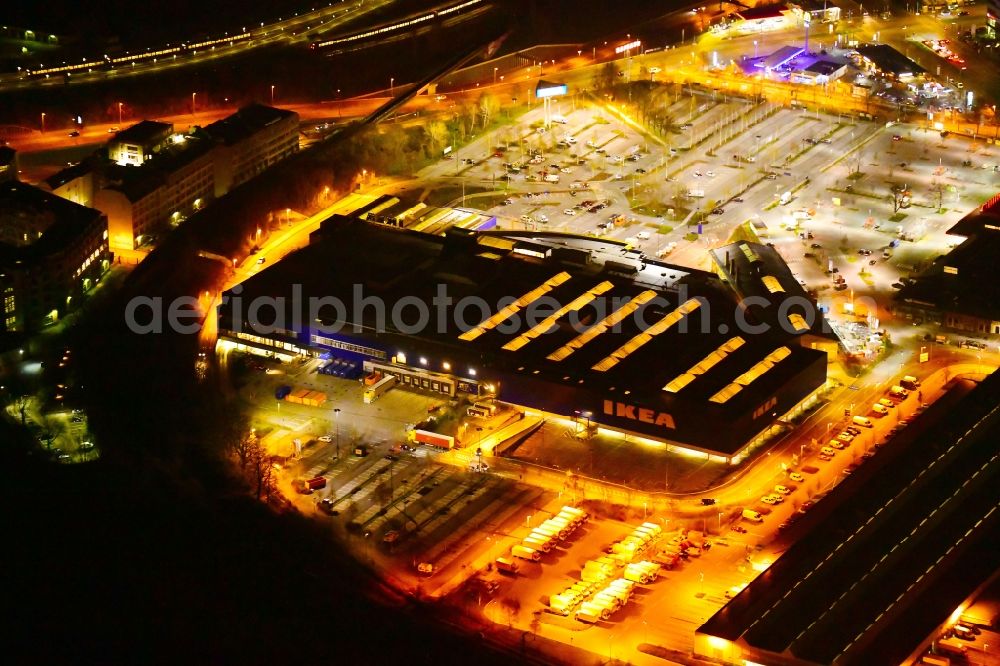 Berlin at night from above - Night lighting building of the store - furniture market IKEA Moebel & Einrichtungshaus Berlin-Tempelhof on Sachsendonm in the district Tempelhof in Berlin, Germany