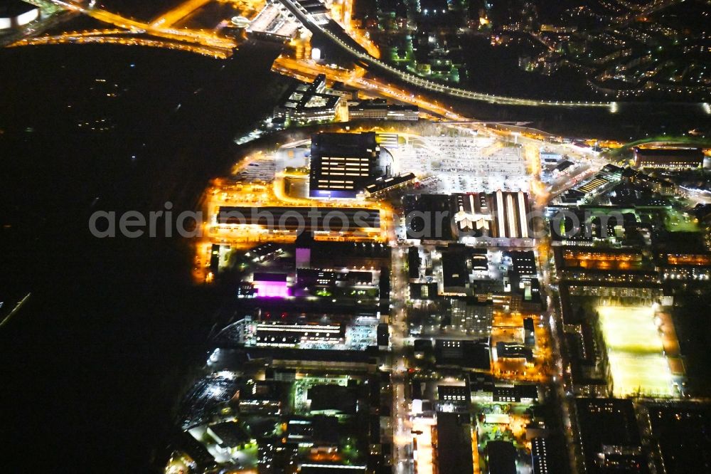 Berlin at night from above - Night lighting Building of the store - furniture market IKEA Moebel & Einrichtungshaus Berlin-Tempelhof on Sachsendamm in the district Tempelhof-Schoeneberg in Berlin, Germany