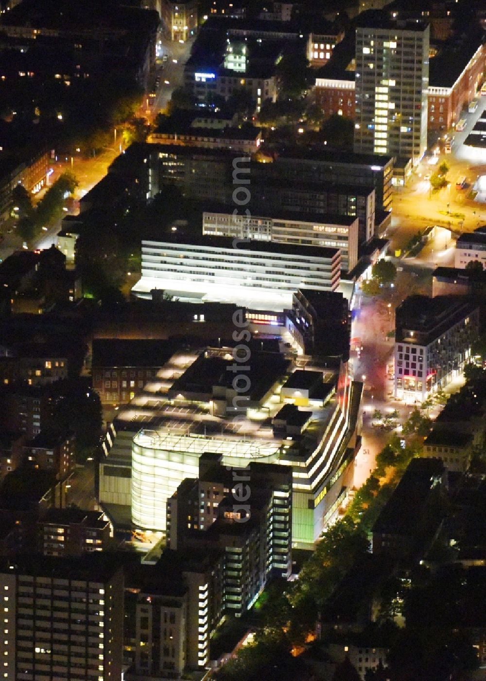 Hamburg at night from above - Night view of building of the store - furniture market IKEA Moebel & Einrichtungshaus Hamburg-Altona Grosse Bergstrasse in Hamburg