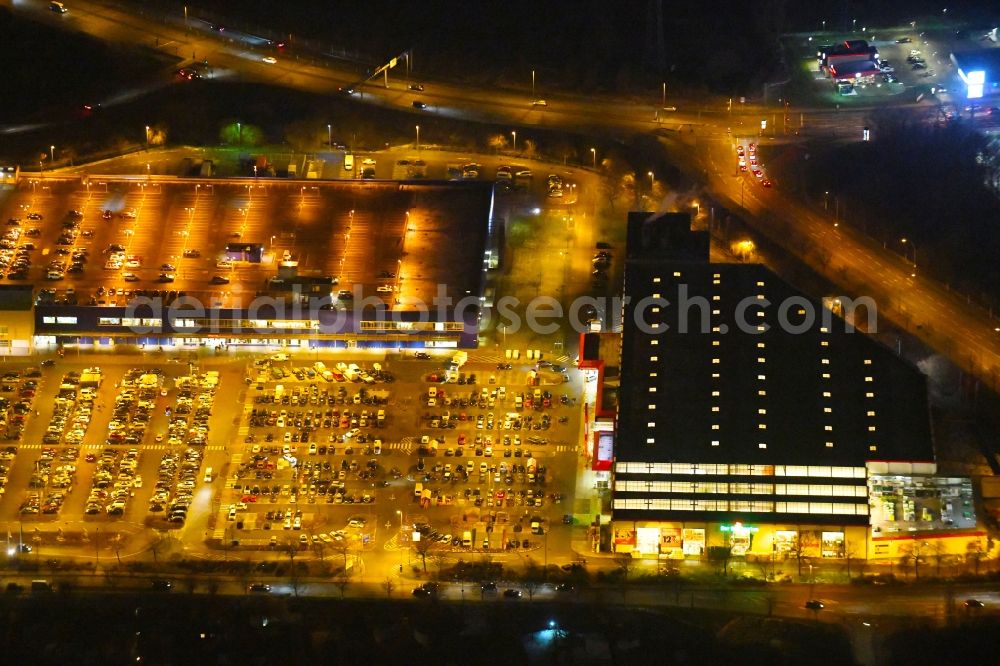 Aerial photograph at night Hamburg - Night lighting building of the store - furniture market IKEA Moebel & Einrichtungshaus Hamburg-Moorfleet in the district Moorfleet in Hamburg, Germany