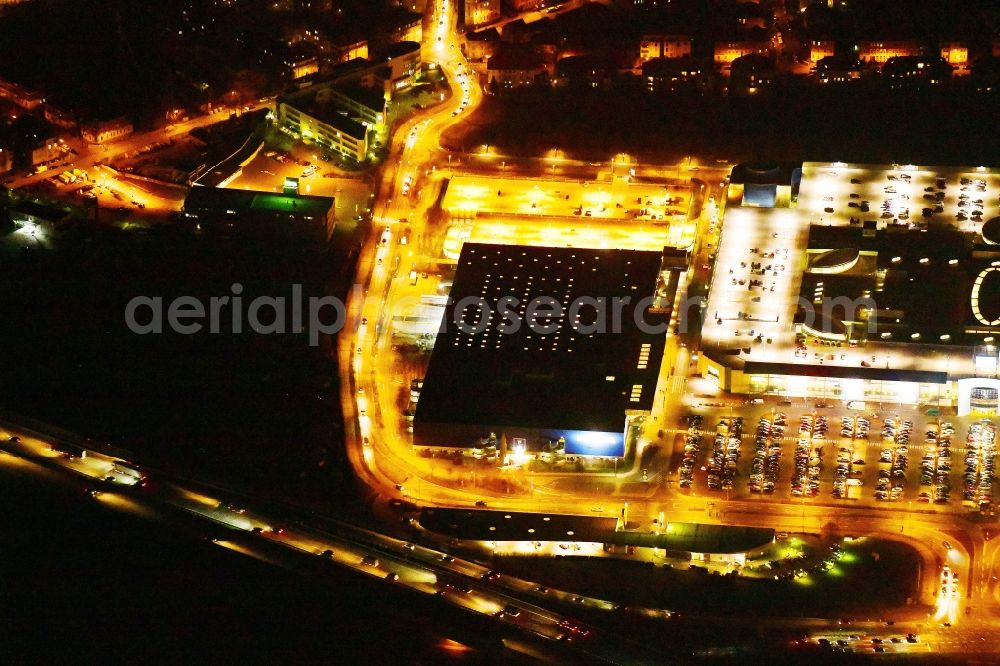 Dresden at night from the bird perspective: Night lighting building of the store - furniture market IKEA on Peschelstrasse in the district Kaditz in Dresden in the state Saxony, Germany