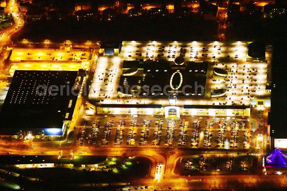 Aerial photograph at night Dresden - Night lighting building of the store - furniture market IKEA on Peschelstrasse in the district Kaditz in Dresden in the state Saxony, Germany