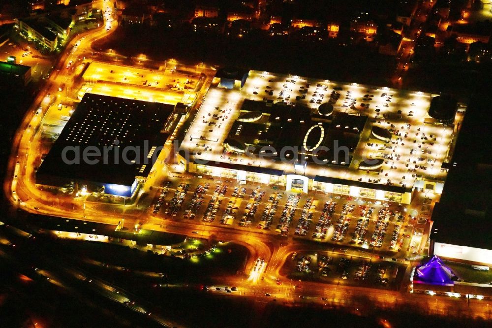 Aerial image at night Dresden - Night lighting building of the store - furniture market IKEA on Peschelstrasse in the district Kaditz in Dresden in the state Saxony, Germany