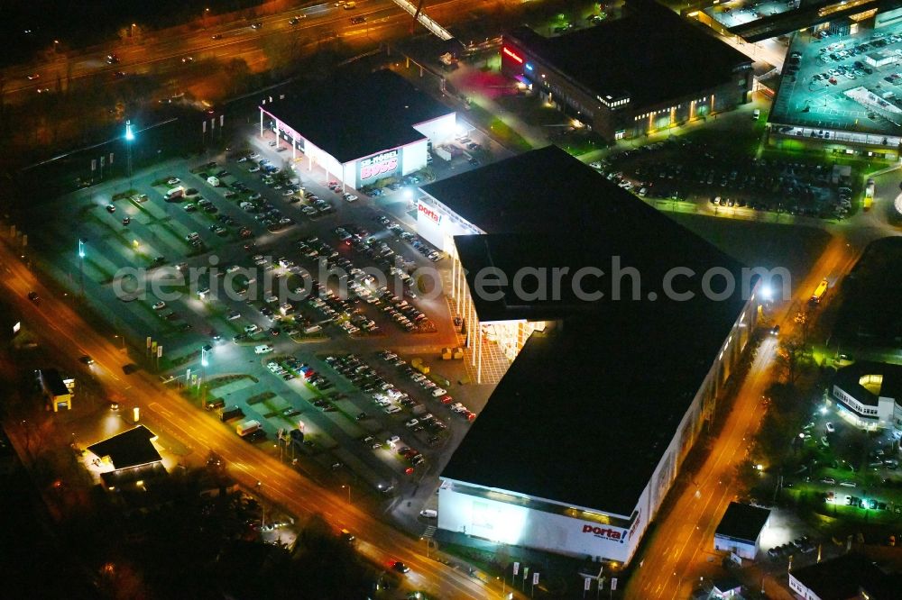 Potsdam at night from above - Night view Building of the store - furniture market Porta Moebel in Potsdam in the state Brandenburg