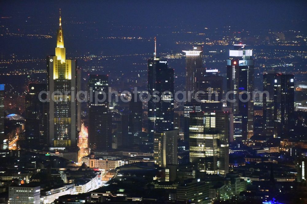 Aerial photograph at night Frankfurt am Main - Night view of the Palais Quartier on Skyline in Frankfurt am Main in Hesse. It is a building complex, which includes next to the shopping center MyZeil and the Jumeirah Frankfurt hotel also the office tower Nextower, which is desingned of KSP Engel and Zimmermann