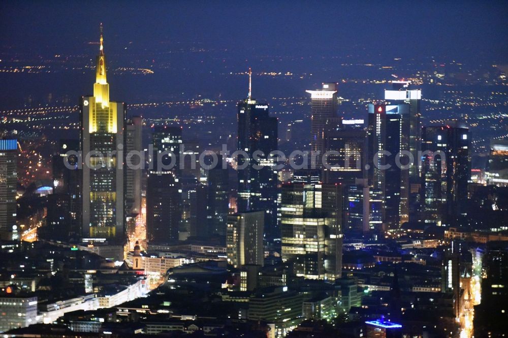 Frankfurt am Main at night from above - Night view of the Palais Quartier on Skyline in Frankfurt am Main in Hesse. It is a building complex, which includes next to the shopping center MyZeil and the Jumeirah Frankfurt hotel also the office tower Nextower, which is desingned of KSP Engel and Zimmermann